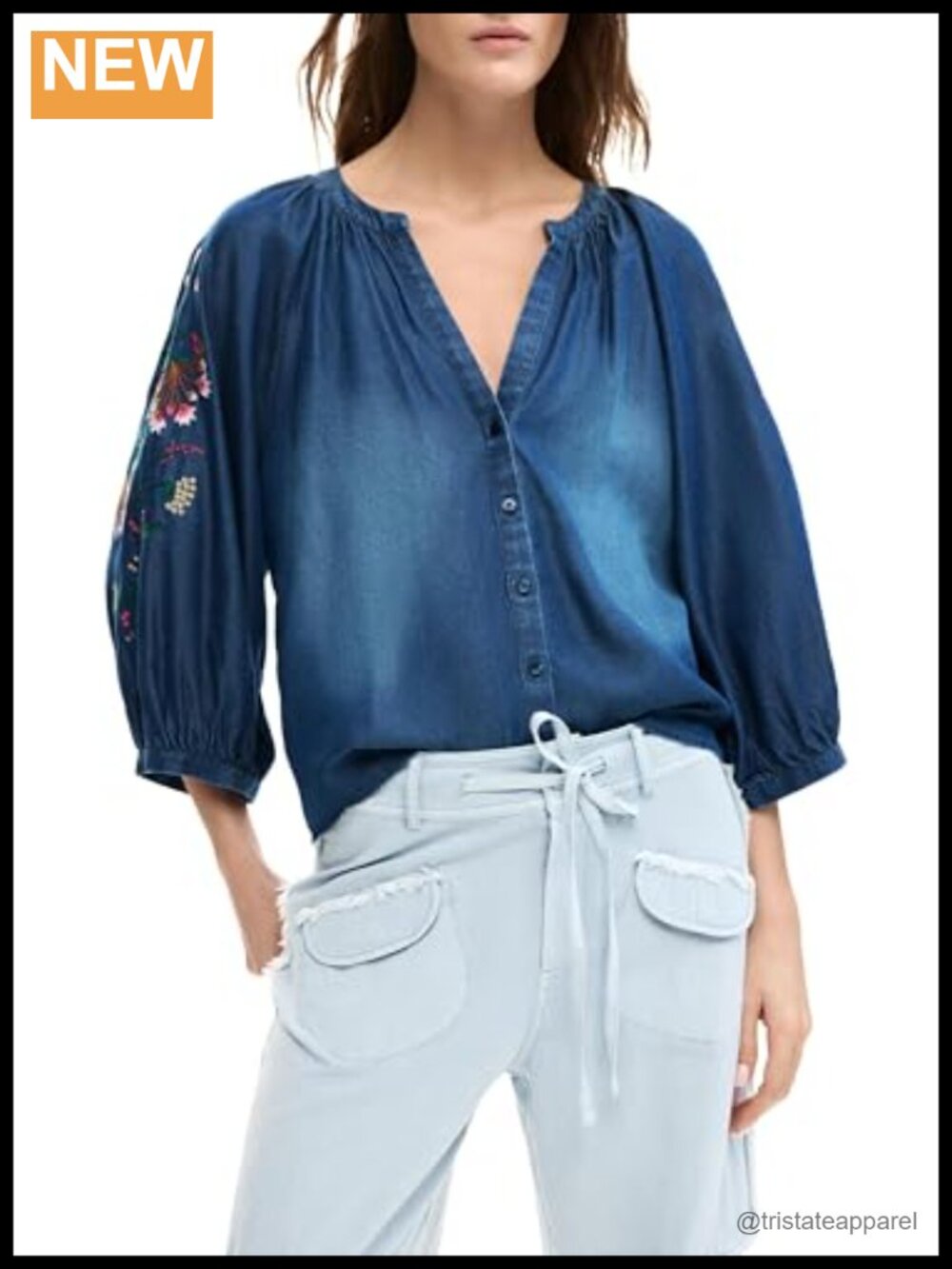 Desigual Women's Chambre Floral Blouse V-Neck 3/4 Sleeve Button
